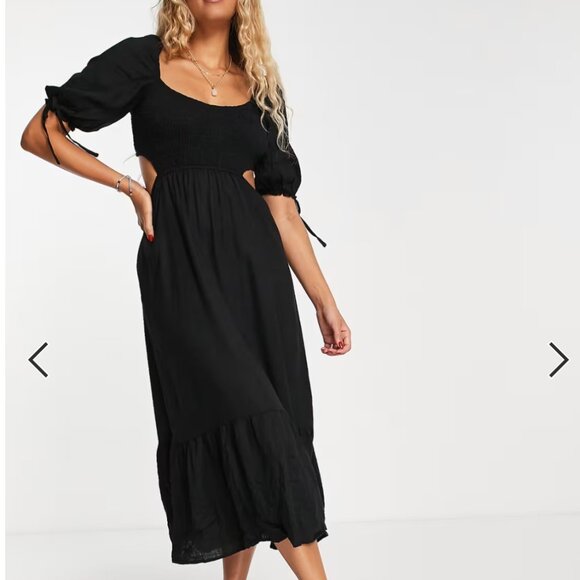 The Frolic Fin Linen Shirred Front Puff Sleeve Midi Summer Dress Black Size 8 - Picture 4 of 10